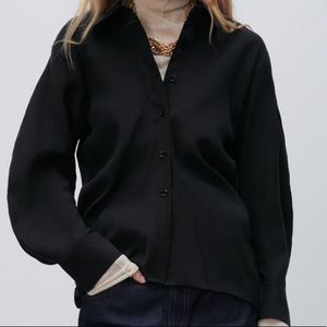 ZARA NWT Black Fitted Cupro Shirt Log Sleeves Front Buttoned Closure Siz…